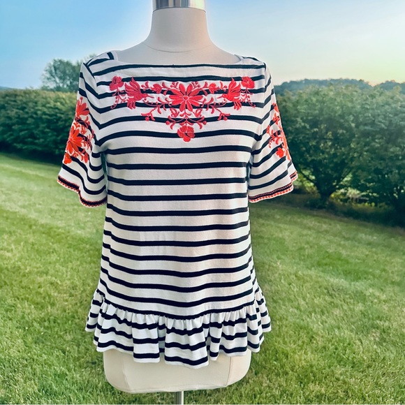 Kate Spade Broome Street Black/White Striped & Embroidered Top - Picture 2 of 16